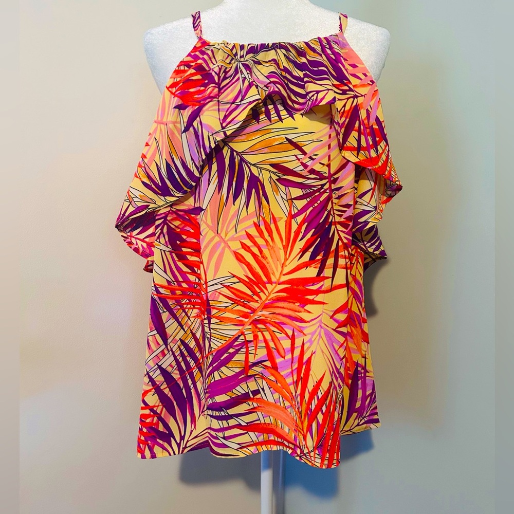 NY & Co. Woman’s Tropical Orange Off-Shoulder Ruffle Tank Top, Size Large